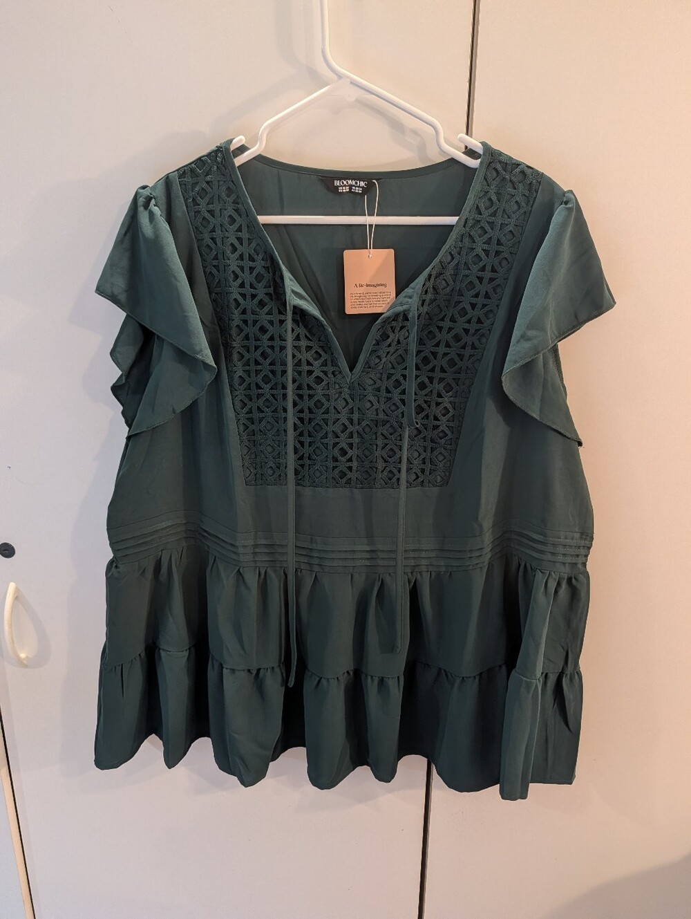 Bloomcic Womans 18/20 Teal Lace-Front Tiered Flutter Sleeve Tunic NWT